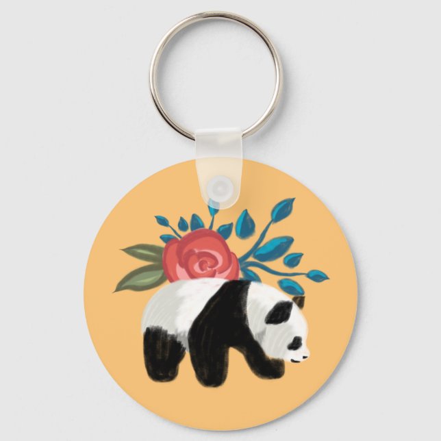 Porte-clés Panda floral avec Rose sur Peach (Recto)