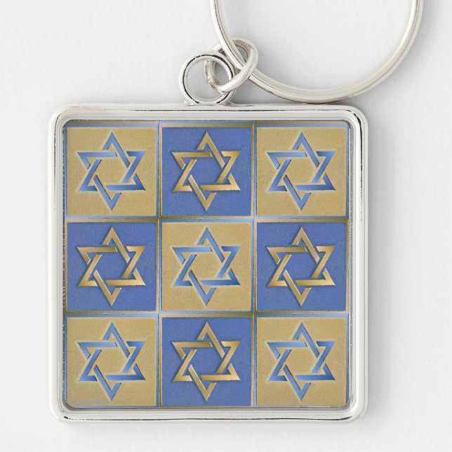 Porte-clés Panneaux d'art étoile de David bleu or (Devant)