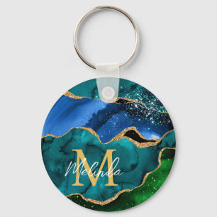 Porte-clés Paon bleu et vert Faux Paillettes Agate