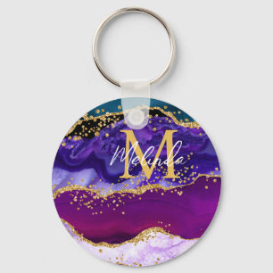 Porte-clés Paon Violet et Bleu Faux Paillettes d'Agate