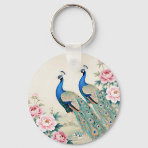 Porte-clés Paons Élégants Pivoines Roses Asiatiques 