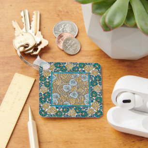 Porte-clés papier peint bleu art nouveau cyclamen