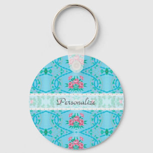 Porte-clés Papier peint rose et bleu vintage avec nom