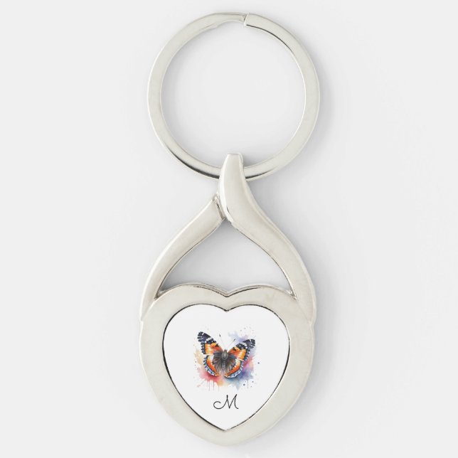 Porte-clés Papillon Amiral Rouge Monogramme Initial en Aquare (Devant)