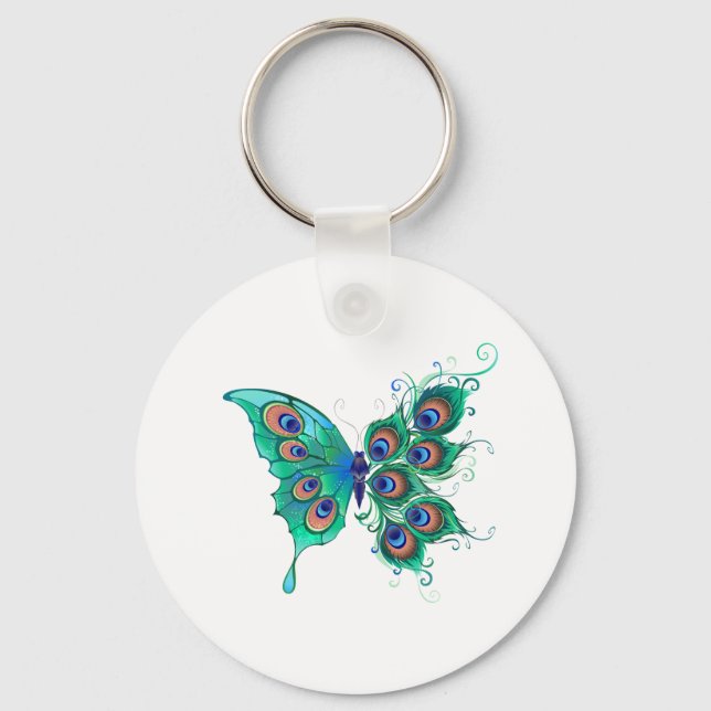 Porte-clés Papillon aux plumes de paon vert (Recto)