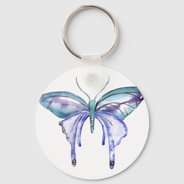 Porte-clés papillon bleu aqua violet aquarelle (Recto)