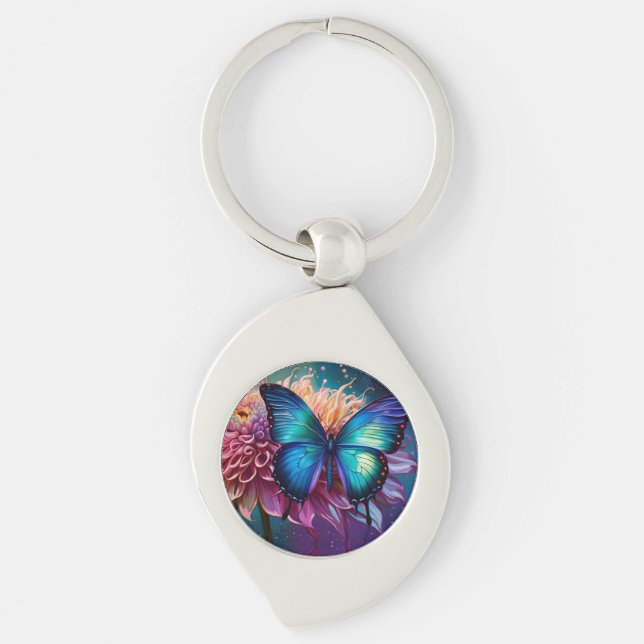 Porte-clés Papillon bleu et Dahlia (Devant)