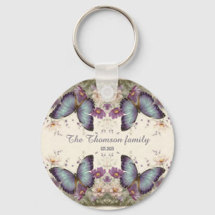 Porte-clés Papillon Bleu Vintage et Floral pour Famille
