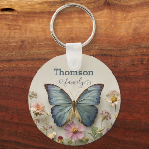 Porte-clés Papillon Bleu Vintage Floral Jardin Famille
