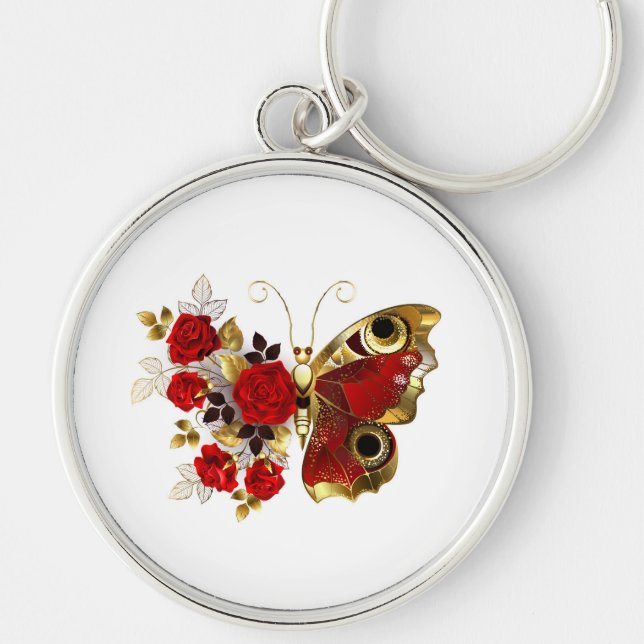 Porte-clés Papillon de fleurs rouges aux roses rouges (Devant)