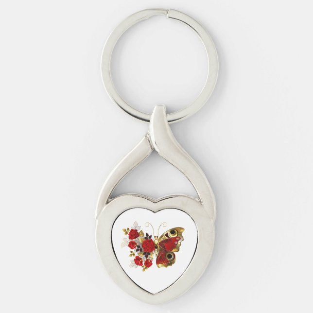 Porte-clés Papillon de fleurs rouges aux roses rouges (Devant)