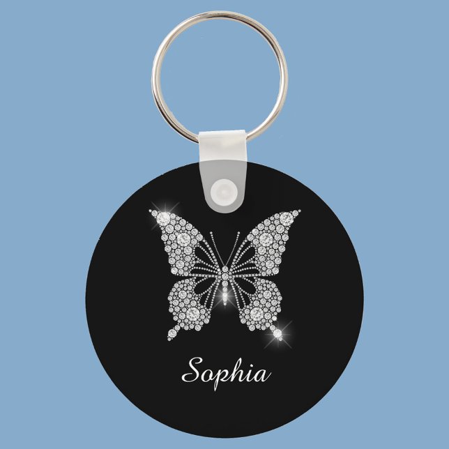 Porte-clés Papillon Diamant Blanc, Nom de Script DIY, Noir (Créateur téléchargé)
