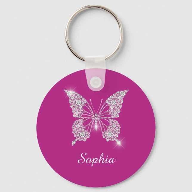 Porte-clés Papillon Diamant Blanc, Nom de Script, Fuchsia Pro (Recto)