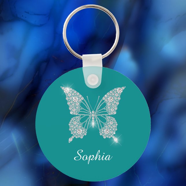 Porte-clés Papillon Diamant Blanc, Nom de Script, Turquoise P (Créateur téléchargé)