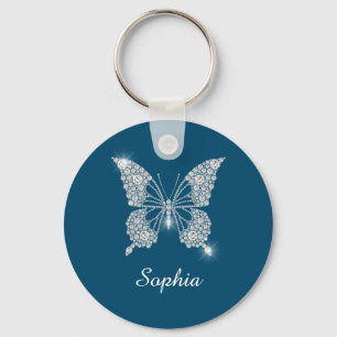 Porte-clés Papillon Diamant Blanc, nom DIY, Bleu Océan