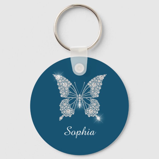 Porte-clés Papillon Diamant Blanc, nom DIY, Bleu Océan (Recto)