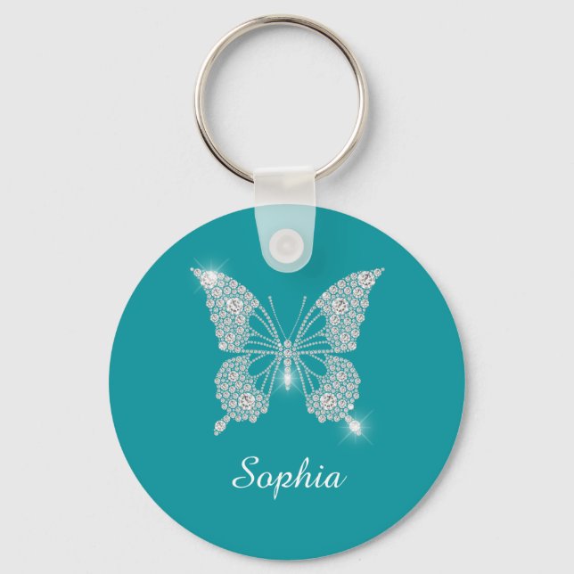 Porte-clés Papillon Diamant Blanc Nom DIY Script, Bleu Canard (Recto)