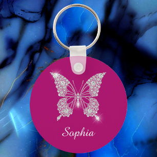 Porte-clés Papillon Diamant Blanc, Nom du script, Fuchsia pro
