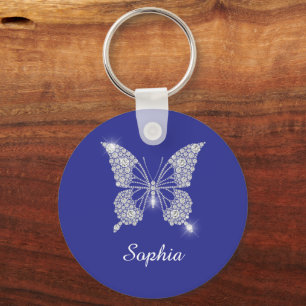 Porte-clés Papillon Diamant Blanc, Nom en écriture, Bleu Prof
