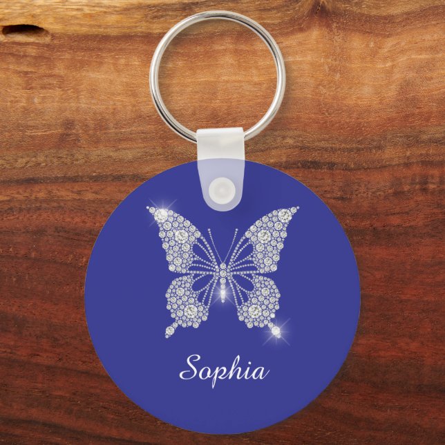 Porte-clés Papillon Diamant Blanc, Nom en écriture, Bleu Prof (Recto)