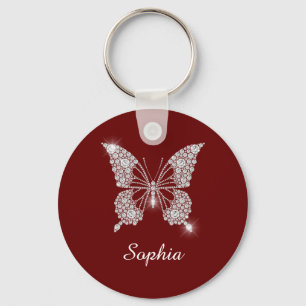 Porte-clés Papillon Diamant Blanc, nom en script DIY, rouge f