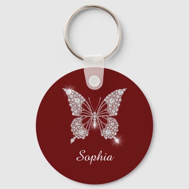 Porte-clés Papillon Diamant Blanc, nom en script DIY, rouge f (Recto)