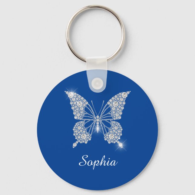 Porte-clés Papillon Diamant Blanc, nom personnalisé, Bleu Pro (Recto)