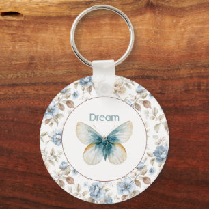 Porte-clés Papillon Fleurs Marron Crème Bleu Tan