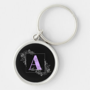 Porte-clés Papillon floral pourpre Monogramme personnalisé -