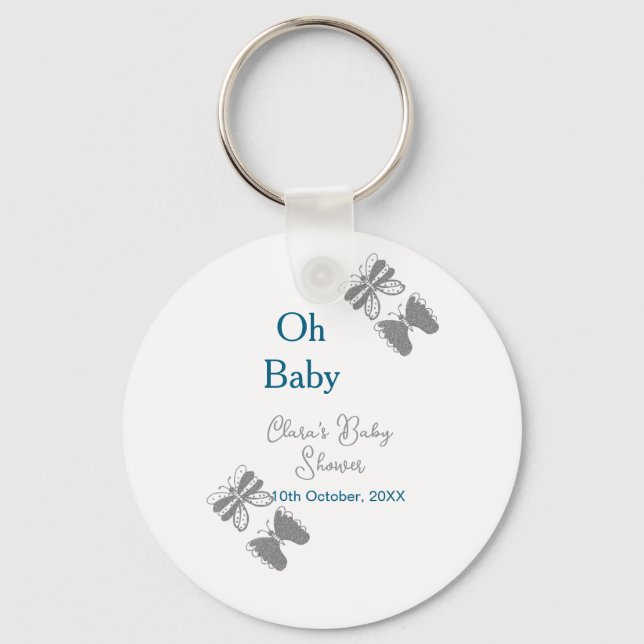Porte-clés Papillon gris bleu baby shower oh bébé moderne tex (Recto)