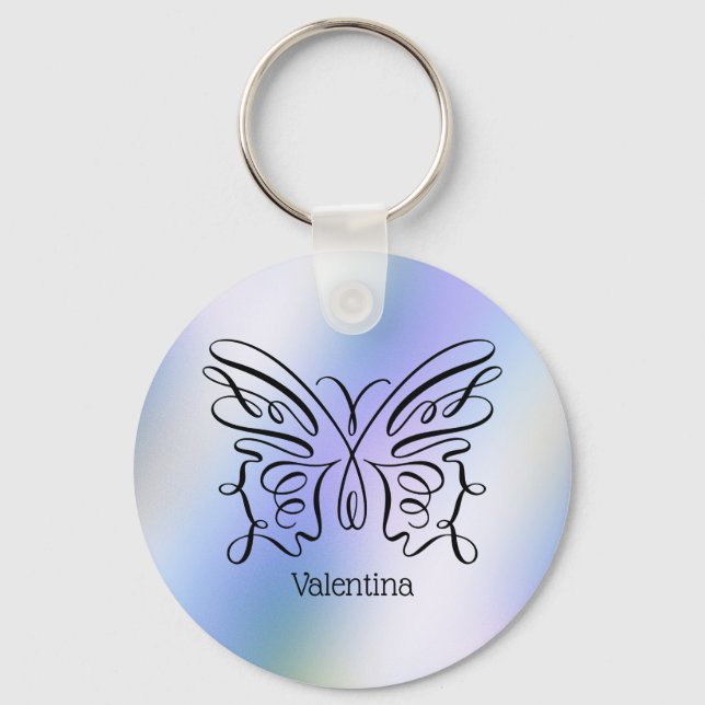Porte-clés Papillon holographique bleu violet Monogramme Nom (Recto)