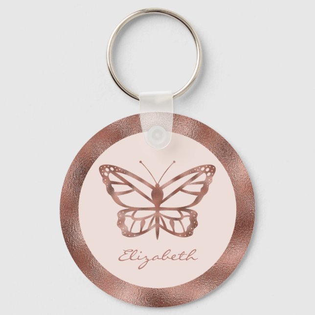 Porte-clés Papillon imitation or rose gold sur fond rose blus (Recto)