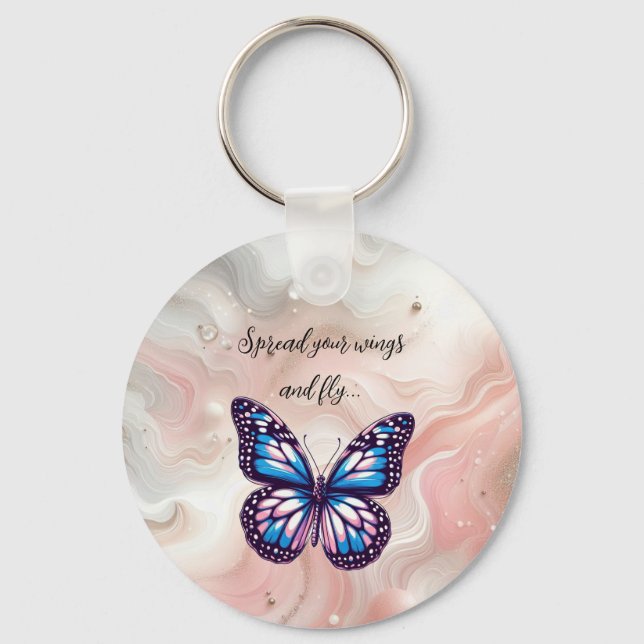 Porte-clés Papillon Monarque Bleu et Rose avec commentaire (Recto)