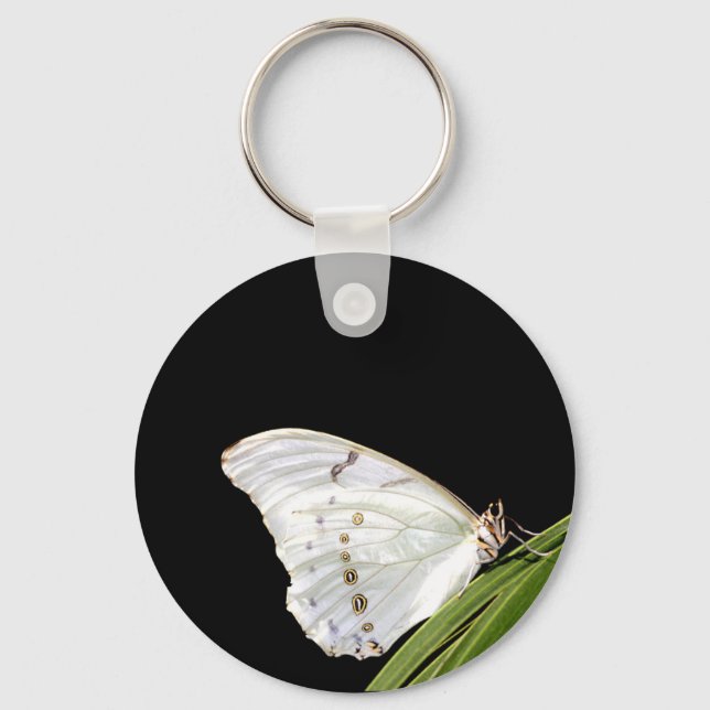 Porte-clés Papillon Morpho blanc sur feuille (Recto)