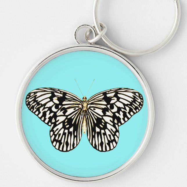 Porte-clés Papillon noir et blanc, arrière - plan turquoise (Devant)