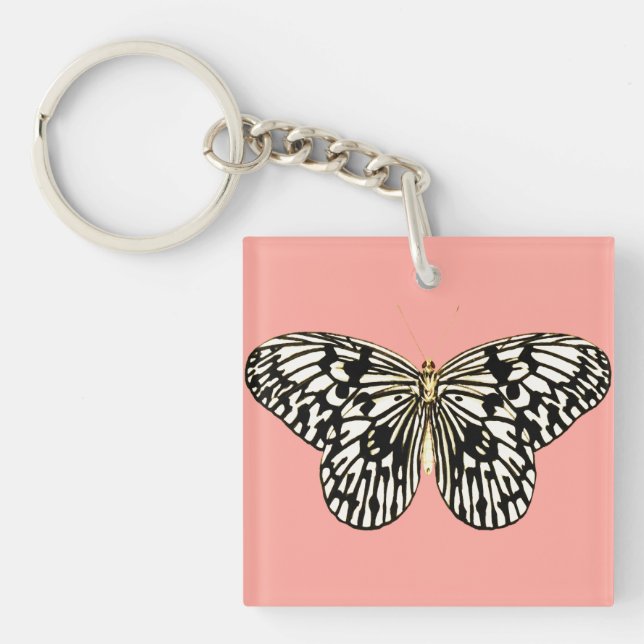 Porte-clés Papillon noir et blanc, fond rose corail (Devant)