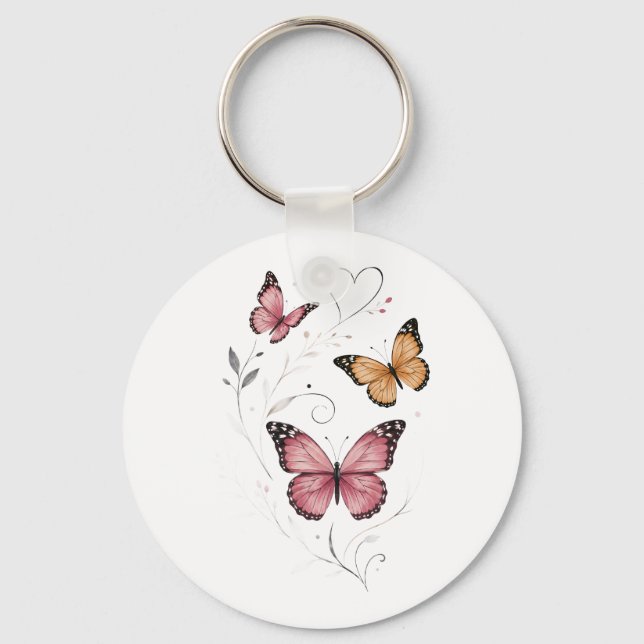 Porte-clés Papillon Rose Botanique Aquarelle (Recto)