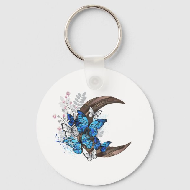 Porte-clés Papillons bleus sur croissant en bois (Recto)