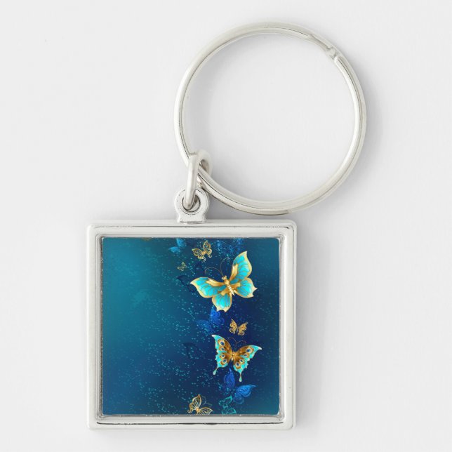 Porte-clés Papillons dorés sur fond bleu (Devant)