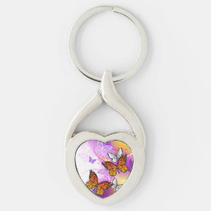 Porte-clés Papillons monarques sur fond violet