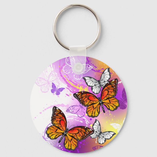 Porte-clés Papillons monarques sur fond violet (Recto)