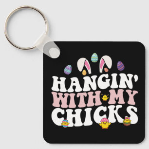 Porte-clés Pâques avec mes poules lapin rétro groovy
