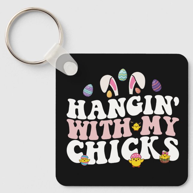 Porte-clés Pâques avec mes poules lapin rétro groovy (Recto)