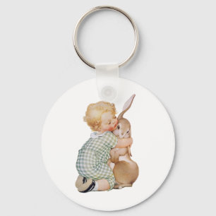 Porte-clés Pâques vintage, enfant garçon mignon avec lapin de