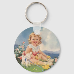 Porte-clés Pâques vintage, fille avec agneau poussins dans la