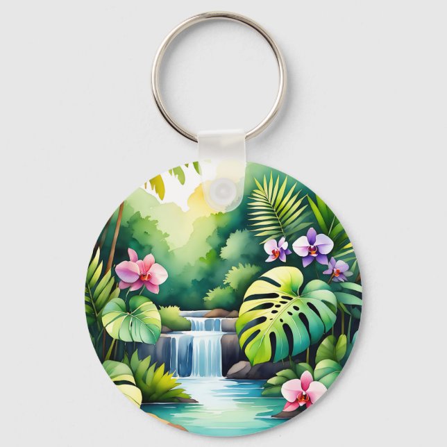 Porte-clés Paradis tropical de la cascade de jungle et de l'o (Recto)
