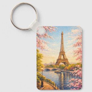 Porte-clés Paris France Tour Eiffel Fleurs de Cerisier Vintag