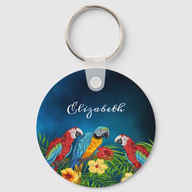 Porte-clés Parrots birds blue sky palm leaves name (Recto)
