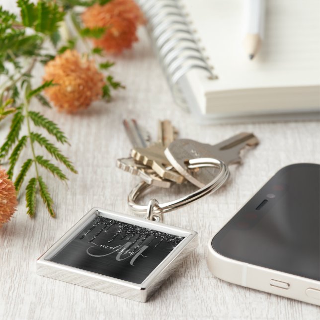 Porte-clés Parties scintillant à séchage noir chic Monogramme (Côté)