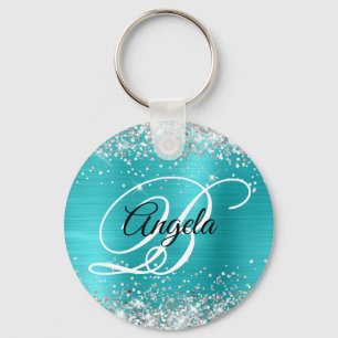 Porte-clés Parties scintillant Argent Turquoise Bleu Foil Fan